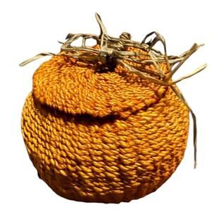 Orange Woven Pumpkin with Lid Decor VTG Fall Autumn Halloween Cottage Cabin